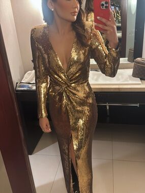 NADINE MERABI Gold Sequin Twist-Front Maxi Dress